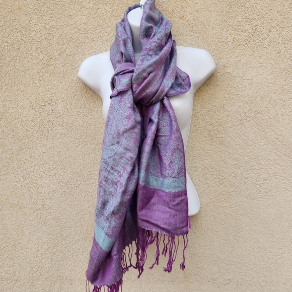 pashmina Accessories - Pashmina Scarf Purple Silk Fringe Shawl Wrap Floral 27 x 70